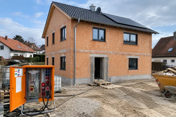 Rohbau eines Einfamilienhauses mit Kran