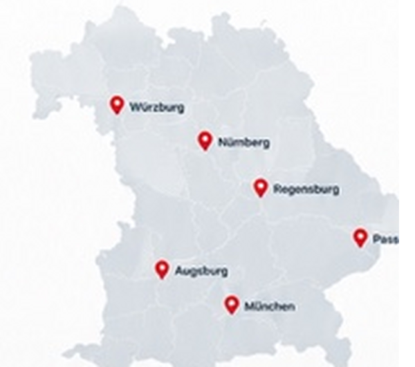 Karte von Bayern mit Würzburg, Nürnberg, Regensburg, Passau, Augsburg und München