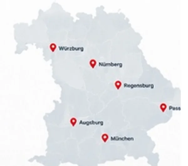 Karte von Bayern mit Würzburg, Nürnberg, Regensburg, Passau, Augsburg und München